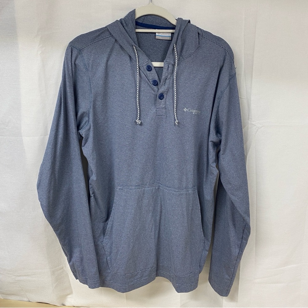 Columbia Men’s Blue Striped Hooded Henley Pullover Shirt Small